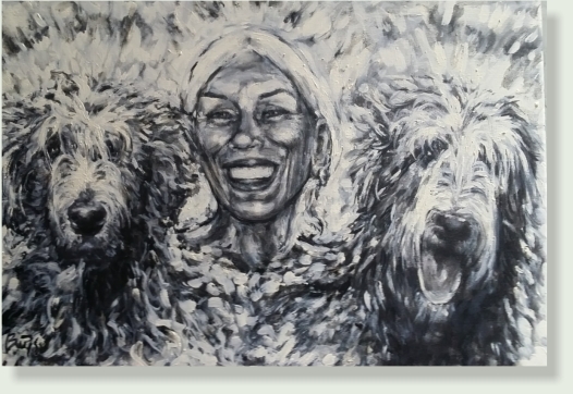 commissioned PORTRAIT of a MOTHER and her DOGS, 40 : 60 cm, acrylic paint, charcoal, linen