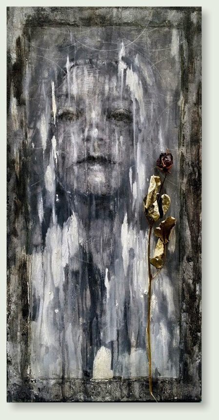 ODE TO SYLVIA 40 : 80 cm acrylic paint, charcoal, dried rose, linen  €